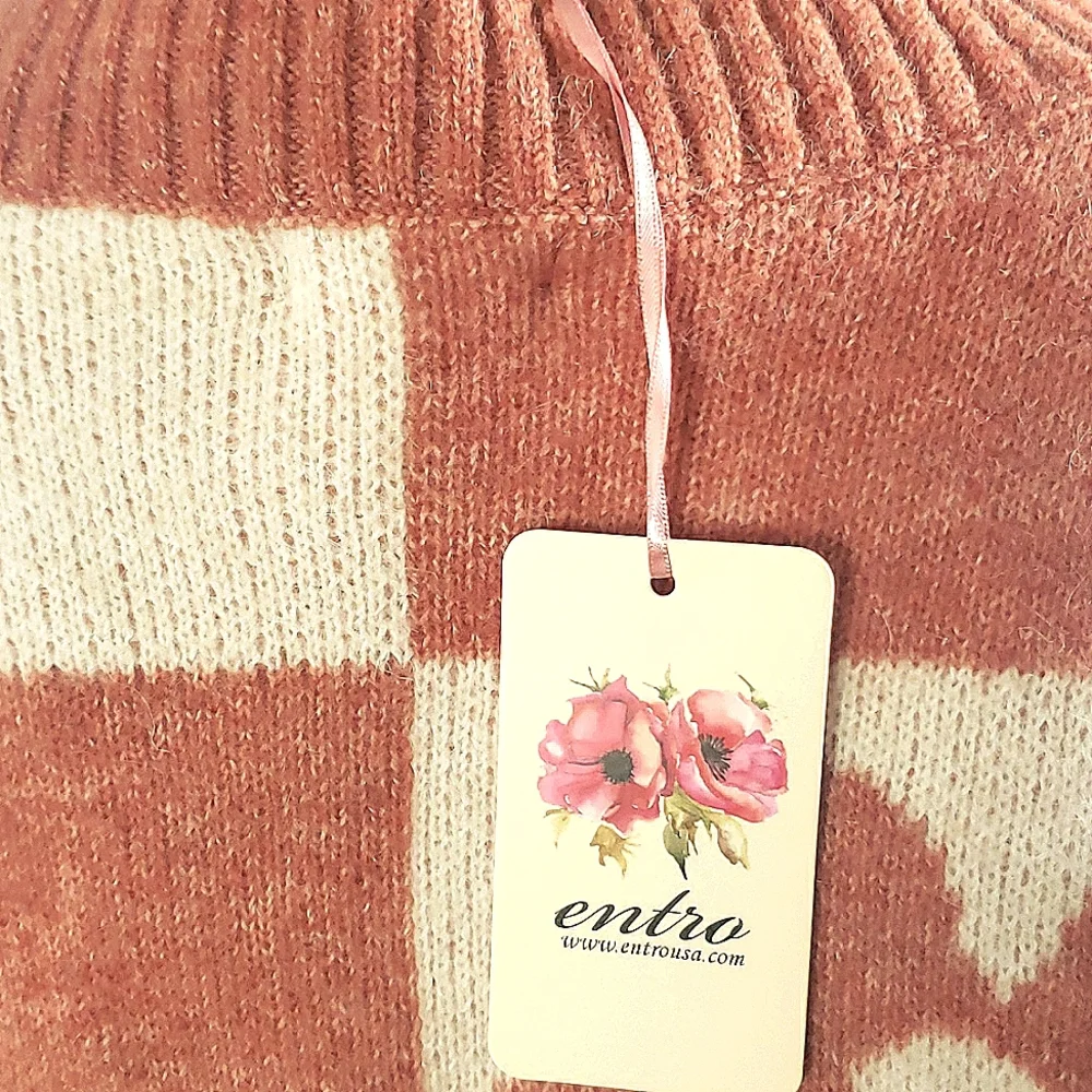 Entro Crew Neck Sweater Checkerboard Stripe Orange Cream Retro Hippie Boho